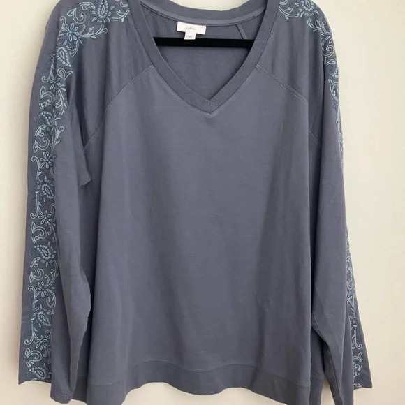 J. Jill Fit 2X Slate Blue V-Neck Pullover with Embroidered Sleeves - Picture 1 of 11